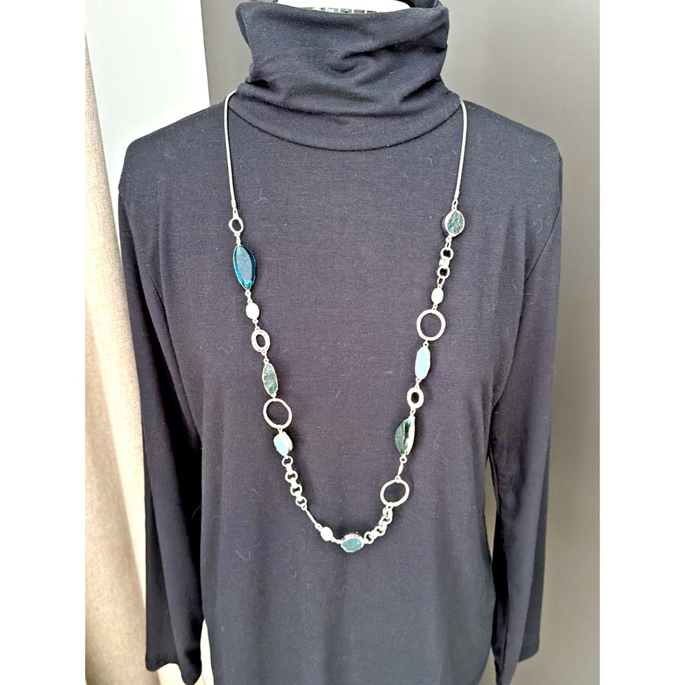 Chicos Blue And Green Stone And Silver Tone Metal Ring - Long Necklace 20-24" - Picture 7 of 11